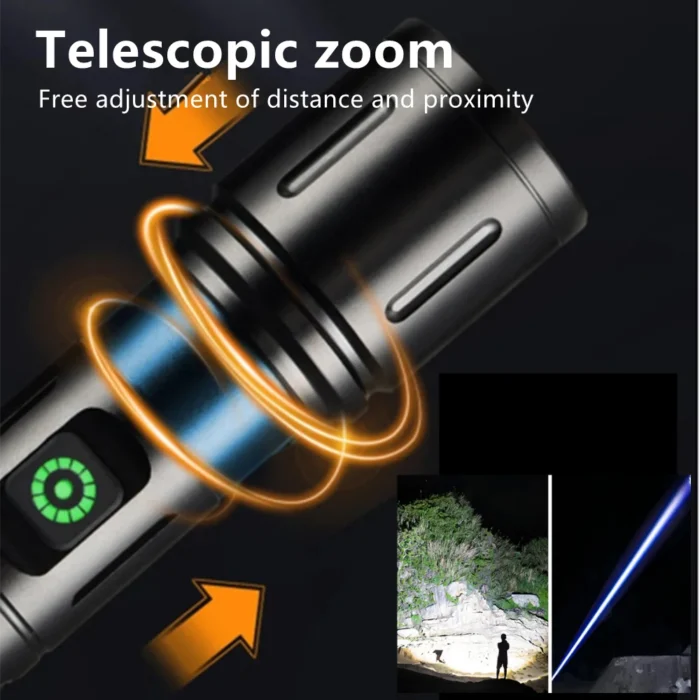 Ruilang  Portable Rechargeable Powerful LED Flashlight, Aluminum Alloy Zoom Flashlight - Image 7