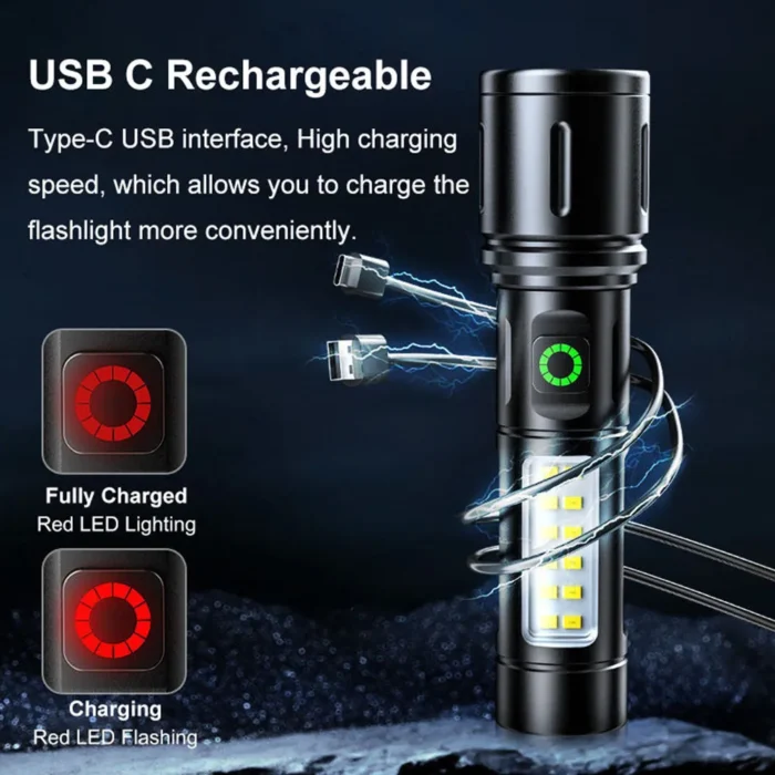 Ruilang  Portable Rechargeable Powerful LED Flashlight, Aluminum Alloy Zoom Flashlight - Image 8