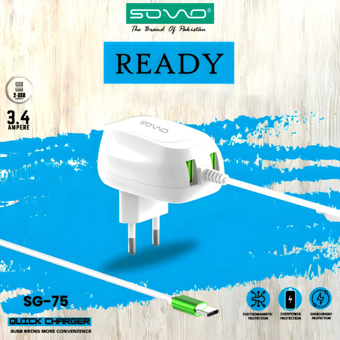 Sovo SG-75 Ready 3.4-Amp 2USB High Quallity Type-C Cable Fast Charger - Image 5