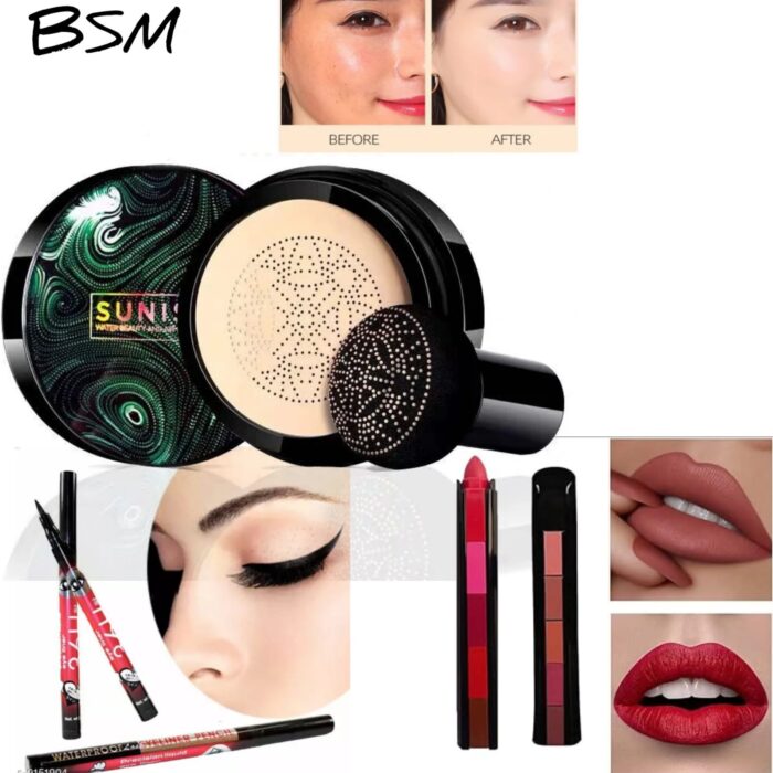 3 in 1 Makeup Deal  Sunisa Foundation Base 20g Waterproof Mushroom Head Air Cushion BB Cream Nude Liquid Foundations +yanqina 36H liner + 5 in 1 lipstick Pen