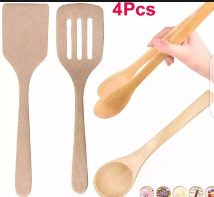 4Pcs Wooden Bamboo Utensil Set Spoon Ladle Slotted Turner Food Tongs Cooking