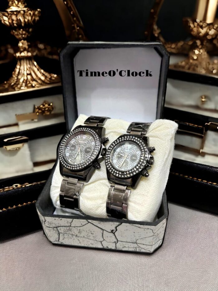 stone style Couple Watch Round Shape Stainless Steel For Men And Women Black - Image 3