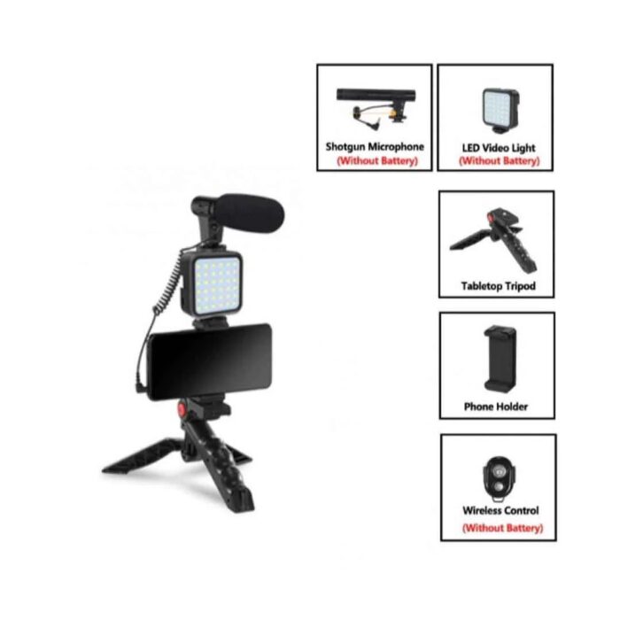 Vlogging Video Making Kit With Light, Table Tripod Stand, Microphone, Phone Holder, Bluetooth RemoteSmart Phone Vloging Kot - Image 3