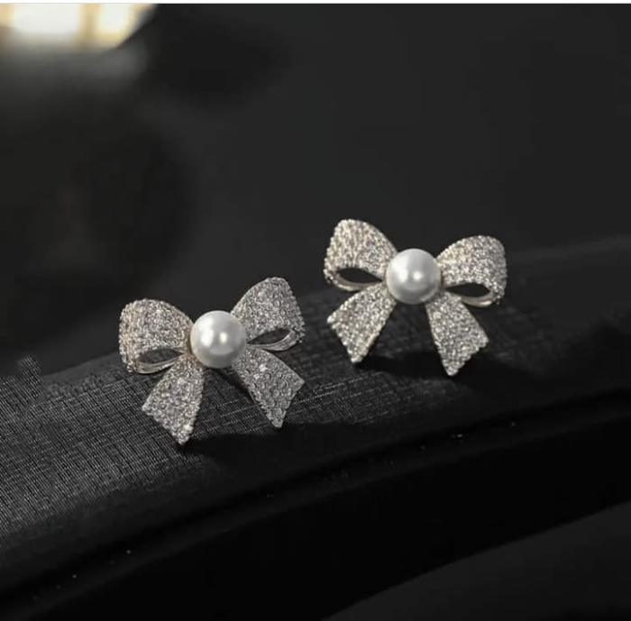 Korean  Elegant Zircon Bow style Earrings Pearl style Bow Earrings For Girls - Image 4