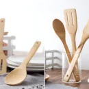 4Pcs Wooden Bamboo Utensil Set Spoon Ladle Slotted Turner Food Tongs Cooking