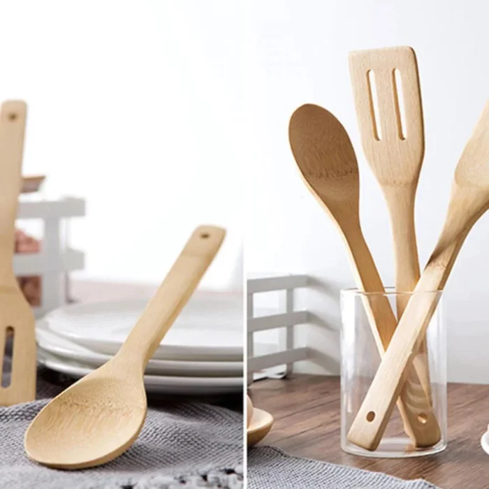 4Pcs Wooden Bamboo Utensil Set Spoon Ladle Slotted Turner Food Tongs Cooking - Image 2